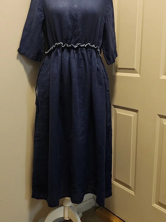 Lintico Navy 100% Linen Lagenlook Jasmine Drawstring Waist Dress Size M - Picture 3 of 8